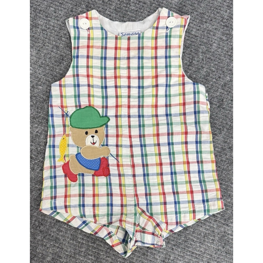 Vintage Samara Baby Romper 18mo Plaid Teddy Bear Fishing Jon Bubble Snap 1980s